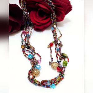 Handmade Colorful Multi Strand Beaded & Crystal Necklace